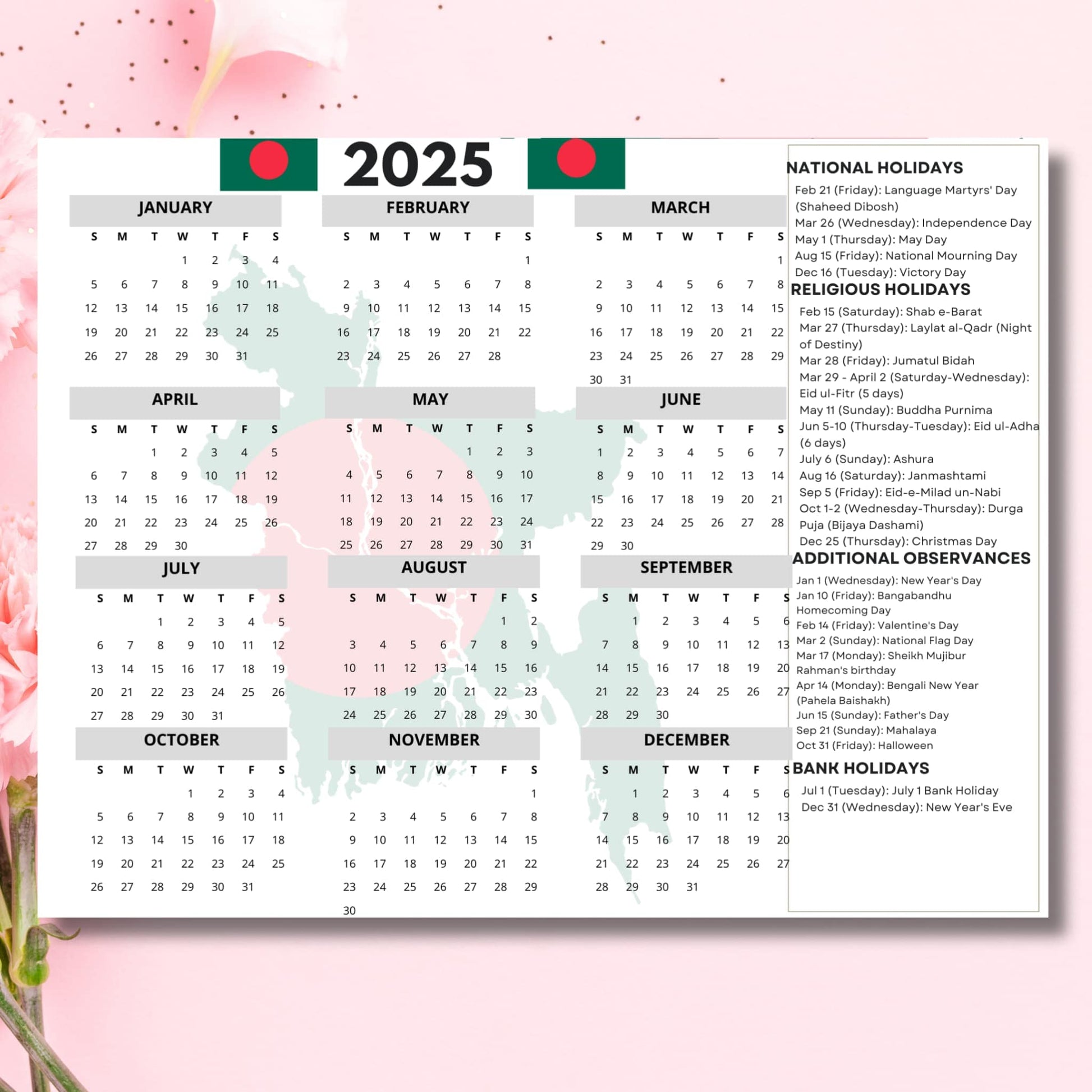 2025 Bangladesh yearly calendar with national flag headers showing all months, featuring Language Martyrs' Day, Independence Day, Islamic festivals like Eid, and Bengali cultural observances including Pohela Boishakh, displayed on pink background with watermark design