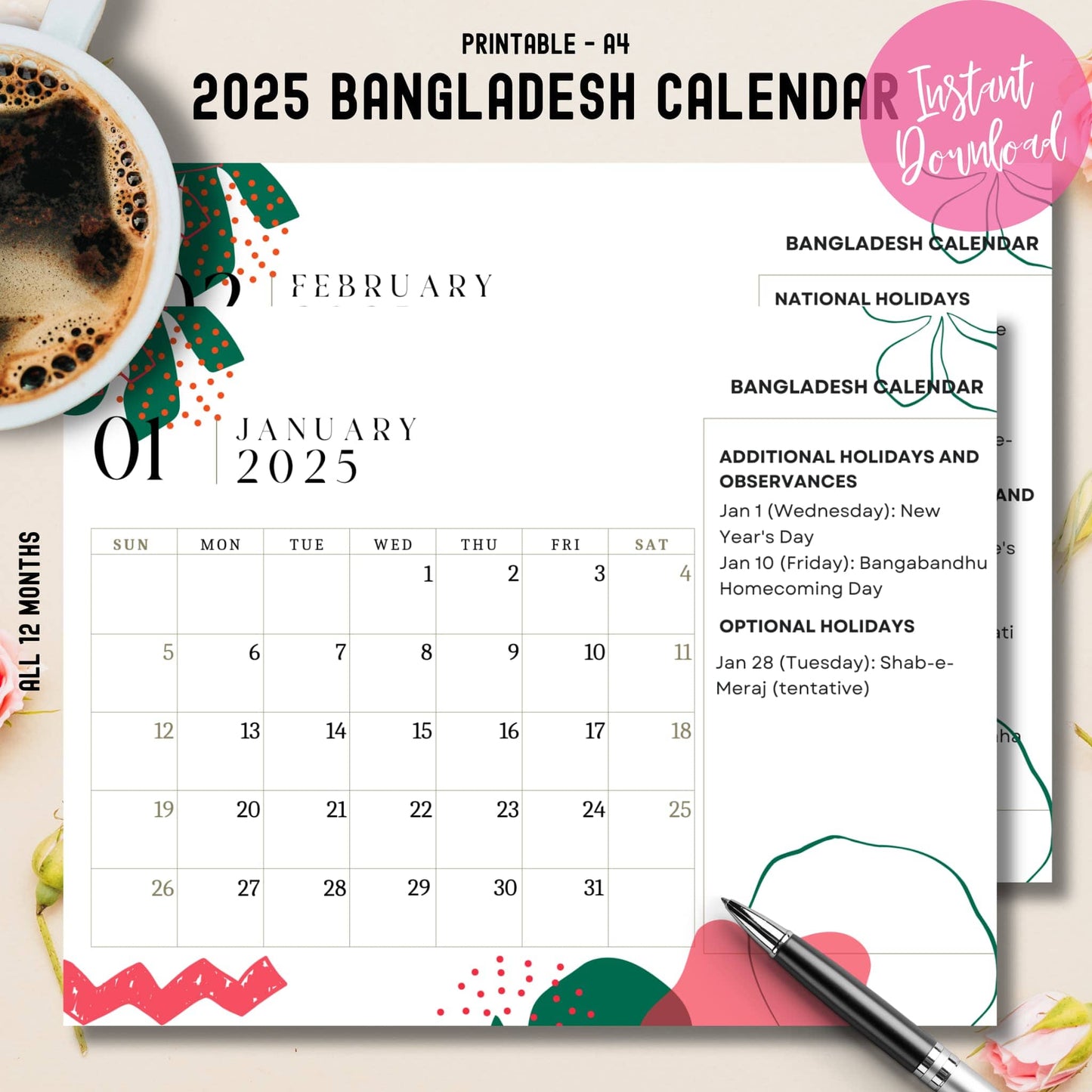 A4 printable 2025 Bangladesh calendar cover with January preview, showing Bangabandhu Day and New Year celebrations, instant download badge, and traditional Bengali design motifs with coffee styling