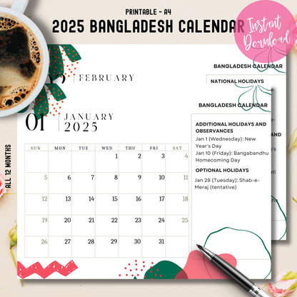 A4 printable 2025 Bangladesh calendar cover with January preview, showing Bangabandhu Day and New Year celebrations, instant download badge, and traditional Bengali design motifs with coffee styling