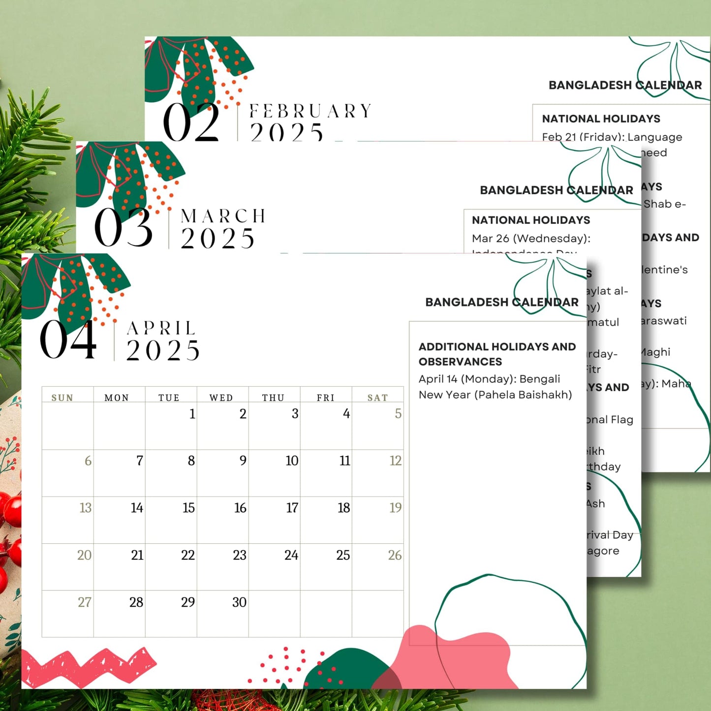 Spring months preview of 2025 Bangladesh calendar showing February through April, featuring Bengali New Year and Language Day celebrations, decorated with national colors green and red design elements