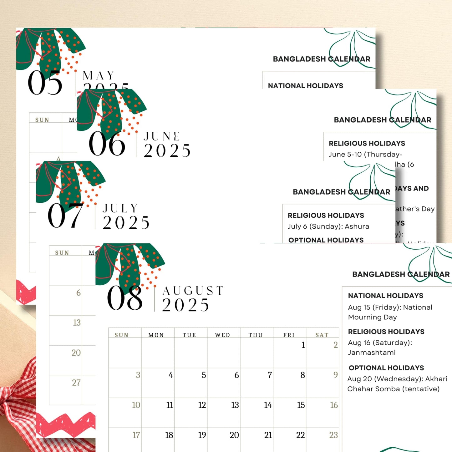 Summer months view of 2025 Bangladesh calendar displaying May through August, highlighting National Mourning Day and religious festivals like Eid-ul-Adha, with traditional geometric patterns