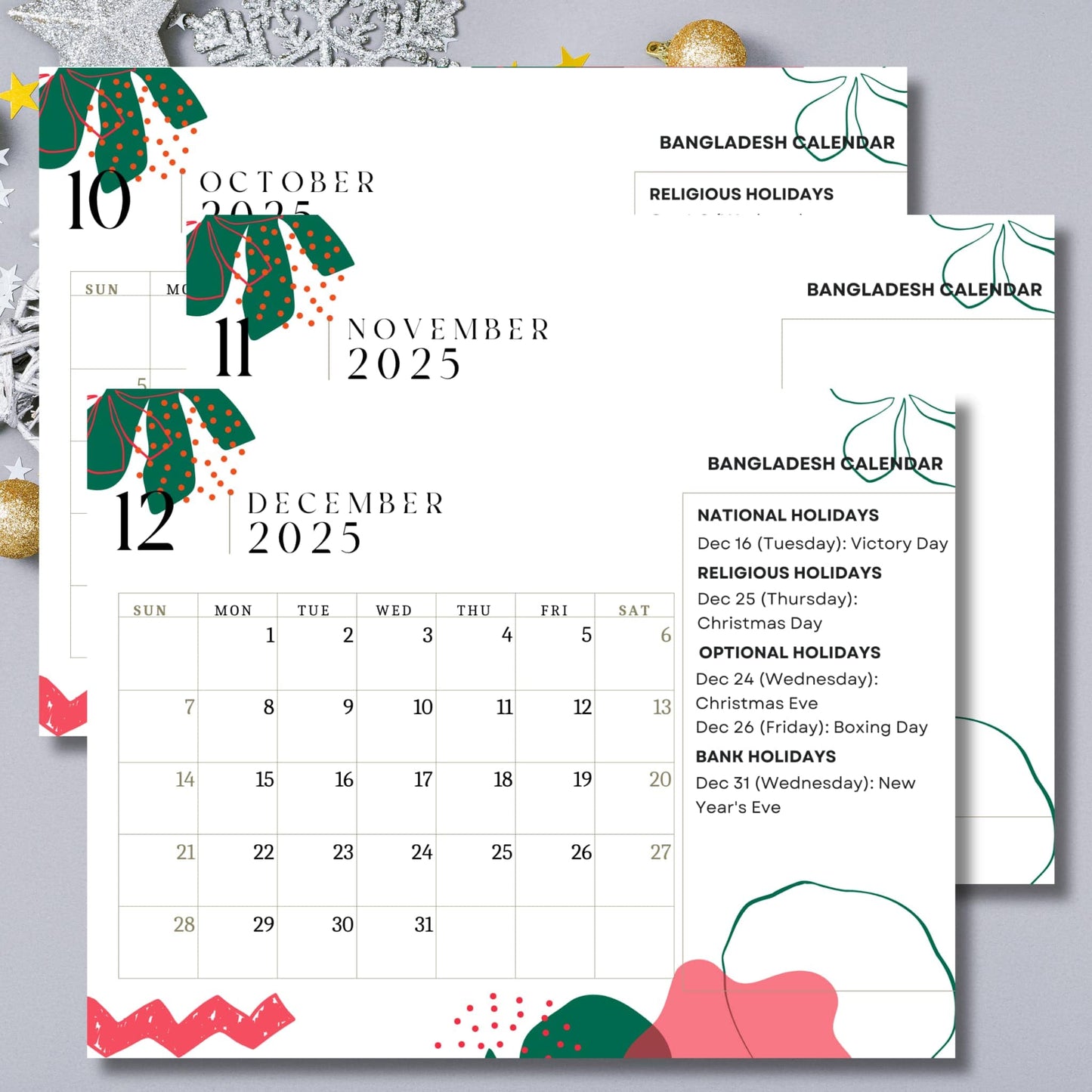 Winter months of 2025 Bangladesh calendar showing October through December with Victory Day and religious observances, featuring modern Bengali design elements on silver background