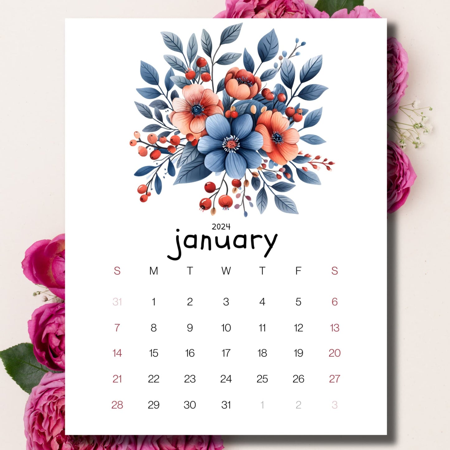 Berries and Blossoms January 2024 calendar on a beige background with pink peonies behind the paper.