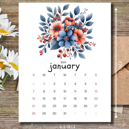 Berries and Blossoms January 2024 calendar on a wooden desk with white flowers on the left side and a size guide.