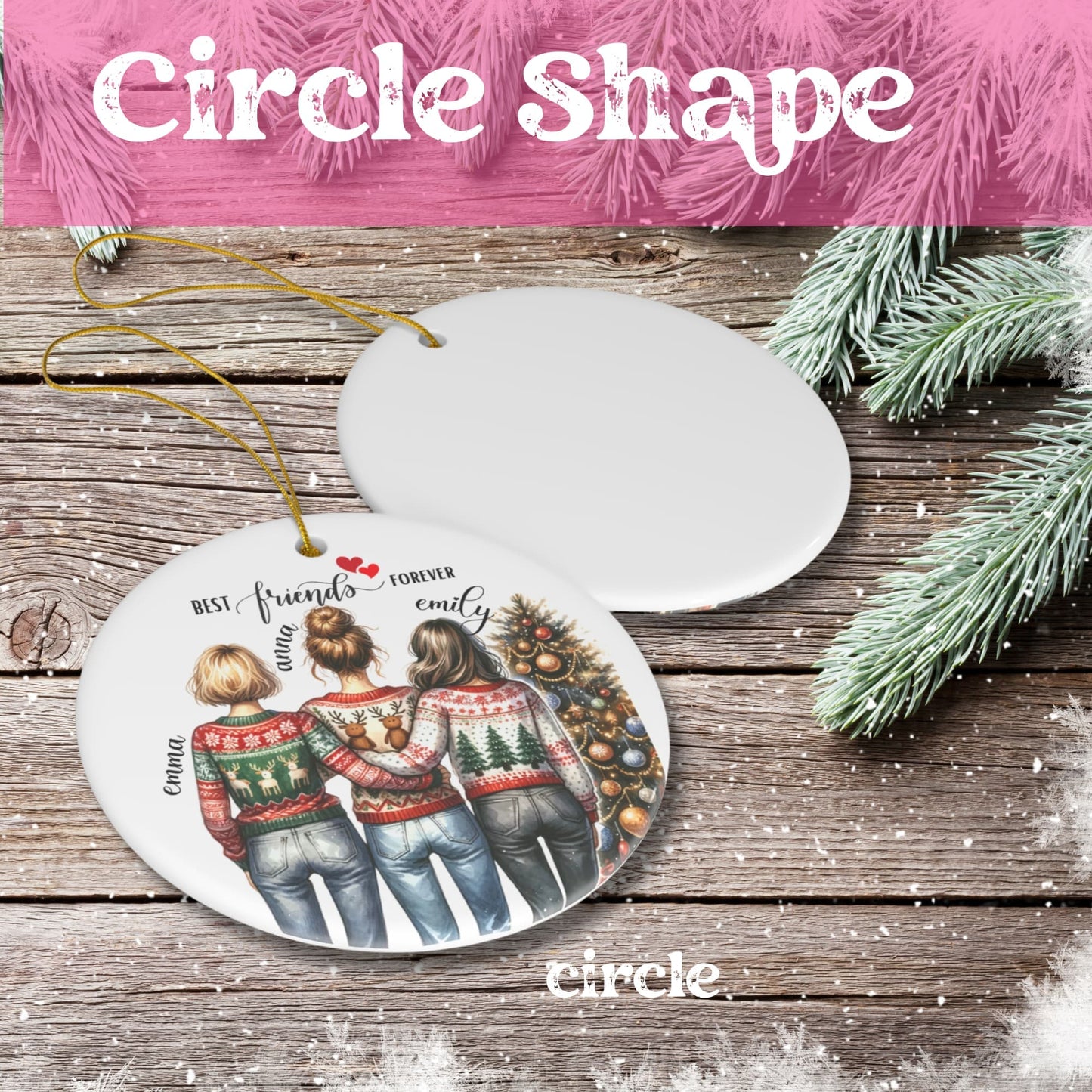 White Ceramic Custom Christmas Ornament for 3 Friends with Names 2024 (3mm) - Circle Shape | Best Friend Ornament Gifts/Keepsake for BFF Besties