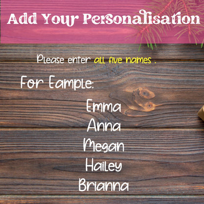 Personalization instructions for Best Friends Christmas ornament showing sample names Emma, Anna, Megan, Hailey, and Brianna on rustic wood background, with 'Add Your Personalisation' text and yellow highlighted reminder to enter all five names