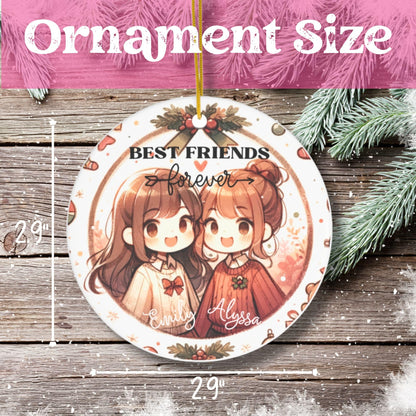 A helpful size guide for Personalized Best Friends Christmas Ornaments laid out on a wooden table, showcasing various options.