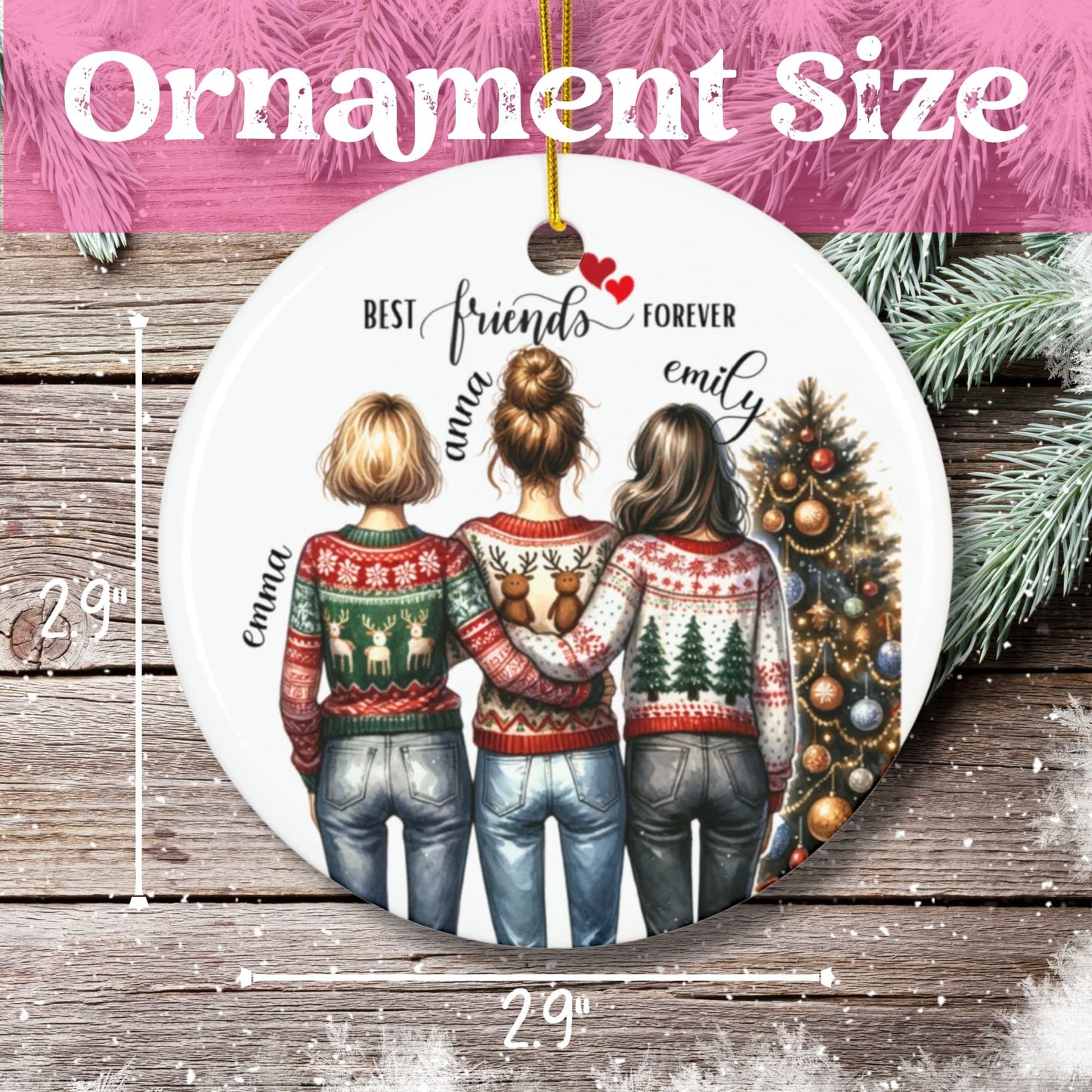 White Ceramic Custom Christmas Ornament for 3 Friends with Names 2024 (3mm) - Circle Shape | Best Friend Ornament Gifts/Keepsake for BFF Besties