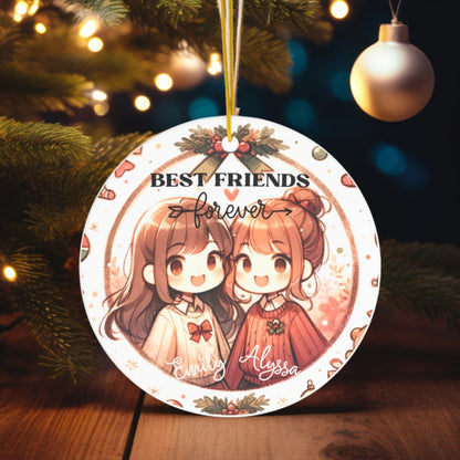 Close-up view of Personalized Best Friends Christmas Ornament hanging on a tree, capturing the essence of friendship.