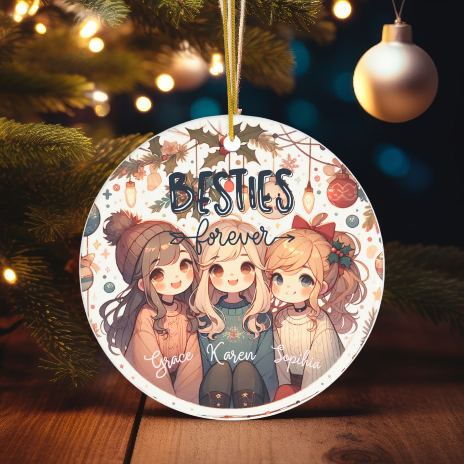 Close-up of Besties Forever 2023 Christmas ornament hanging on a tree, highlighting the personalized details.