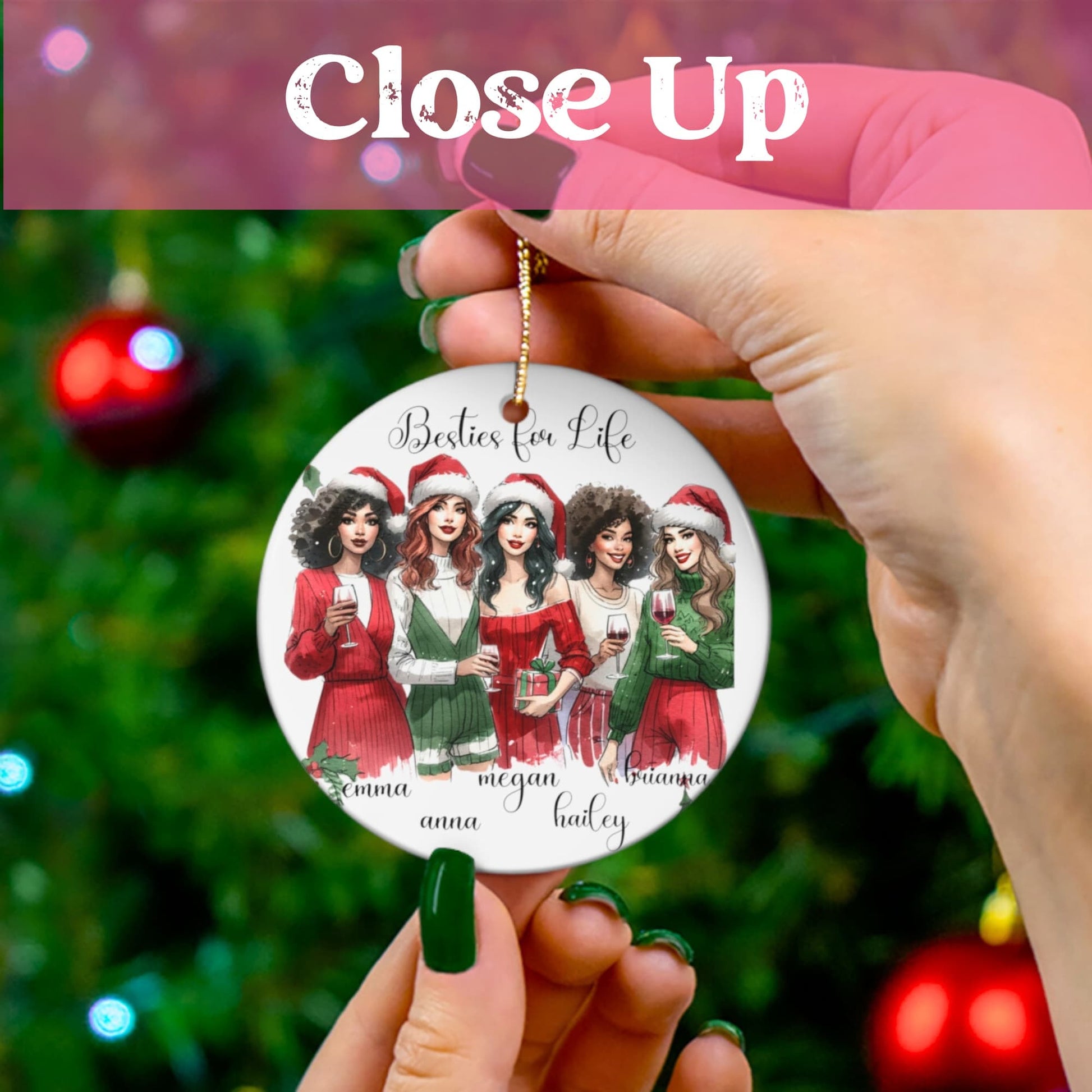 Close-up view of a Besties for Life Christmas Ornament held in hand, providing a true size perspective