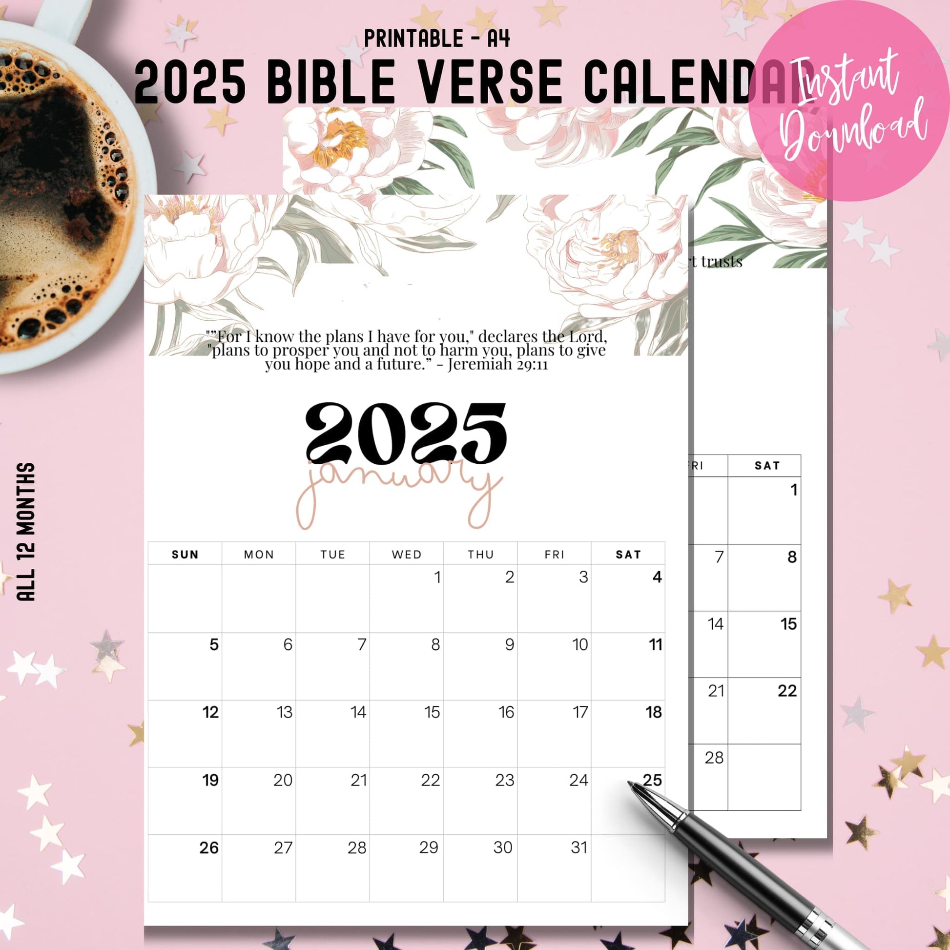 A4 printable 2025 Christian calendar cover featuring Jeremiah 29:11 verse, January preview page, instant download badge, and vintage rose design with planning sections on pink background