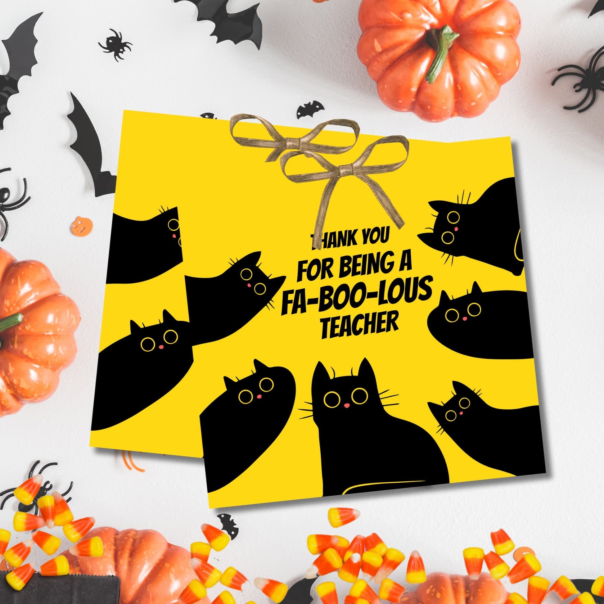 Two fa-boo-lous teacher thank you tags featuring playful black cats, decorated with gold bows and styled with orange pumpkins, flying bats, and scattered candy corn.