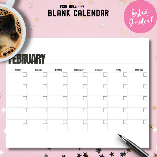 Blank February calendar instant download for Valentine's Day with coffee cup on pink background with stars