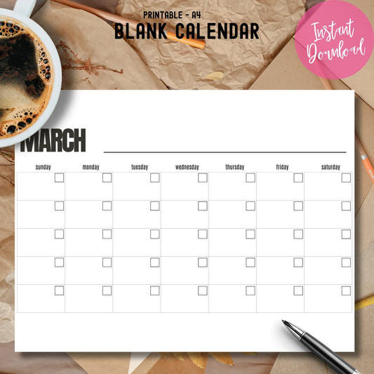 Blank March calendar instant download for spring planning with coffee cup on brown paper background