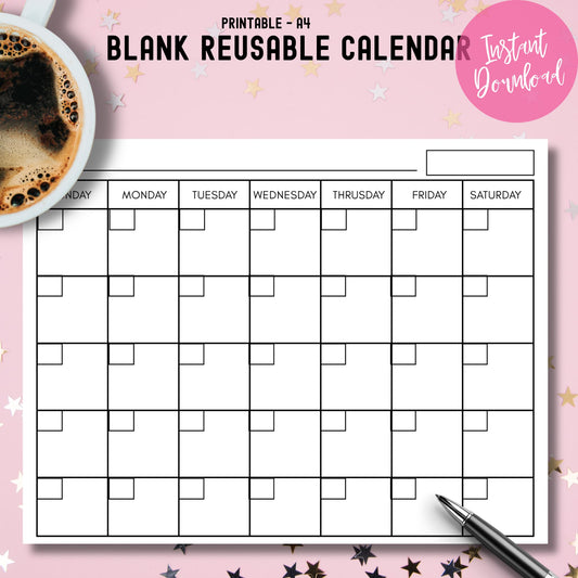 Blank reusable calendar digital download styled with coffee cup on pink background with stars.