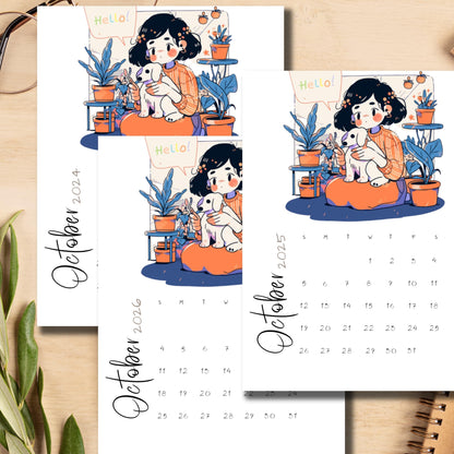 Desktop scene with October 2024-2026 monthly calendars featuring a minimalist watercolor illustration of a girl with plants, displayed with office supplies, emphasizing the vertical layout and A4 size perfect for educational settings.