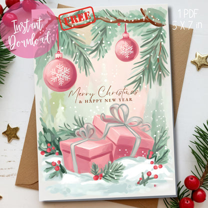 Holiday card with pink snowflake ornaments, pine greenery and presents, modern gold calligraphy greeting, displayed with kraft envelope and festive decorations