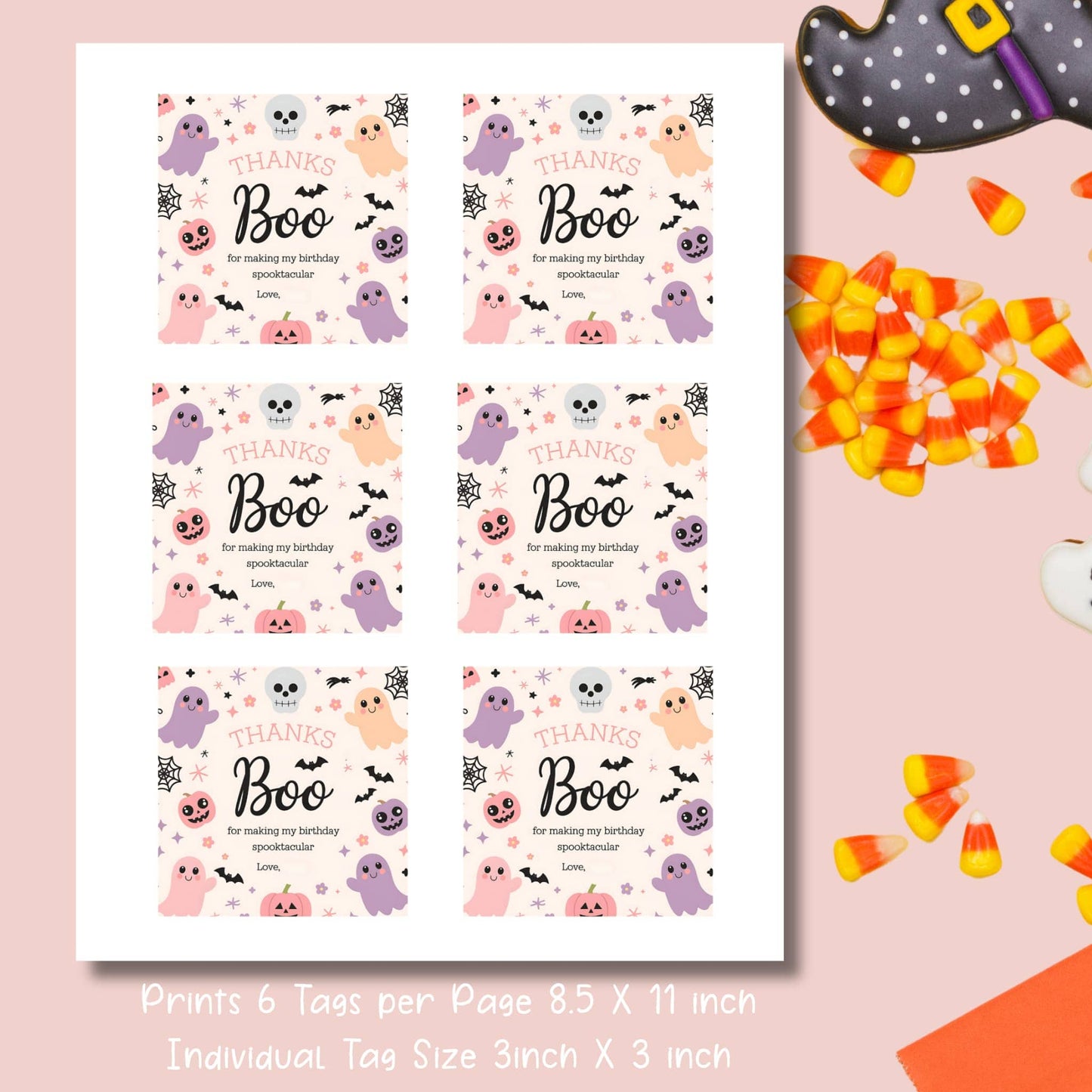 Printable sheet of pink Halloween birthday thank you tags, 6 tags per 8.5x11 inch page, featuring cute ghosts and "Thanks Boo" message