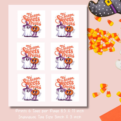 Printable sheet of Halloween party tags featuring ghost and pumpkin duo, 6 tags per 8.5x11 inch page for friends, family, and coworker gifts