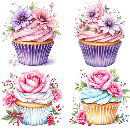 Set of four watercolor cupcakes decorated with dahlias and roses in purple and pink tones, featuring pastel-colored liners and delicate floral arrangements