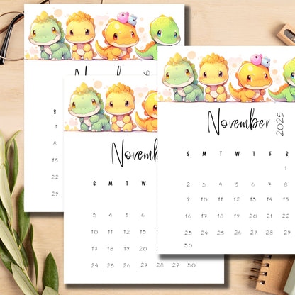 November calendar set 2024-2026 with cute baby dinosaurs illustration and minimalist design, styled with green plants on wooden surface