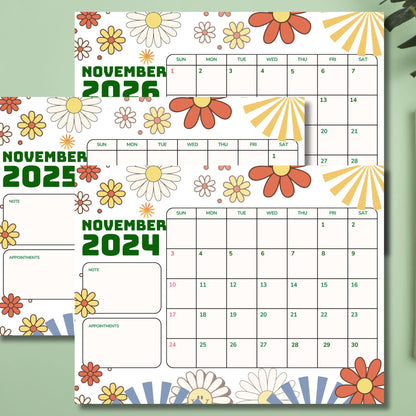 Stacked monthly calendars for November 2024-2026 with retro sunburst design and floral accents on sage green background with plant decoration