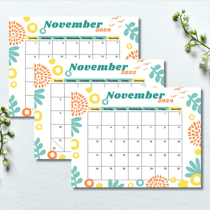 Layered November calendars 2024-2026 with modern geometric florals in mint and orange, decorated with flying birds and styled with lily of the valley flowers on white background.