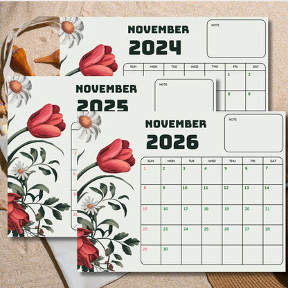 Layered November calendars 2024-2026 with elegant red tulips and daisy illustrations, styled with seashell decor on sandy beige background, includes note boxes