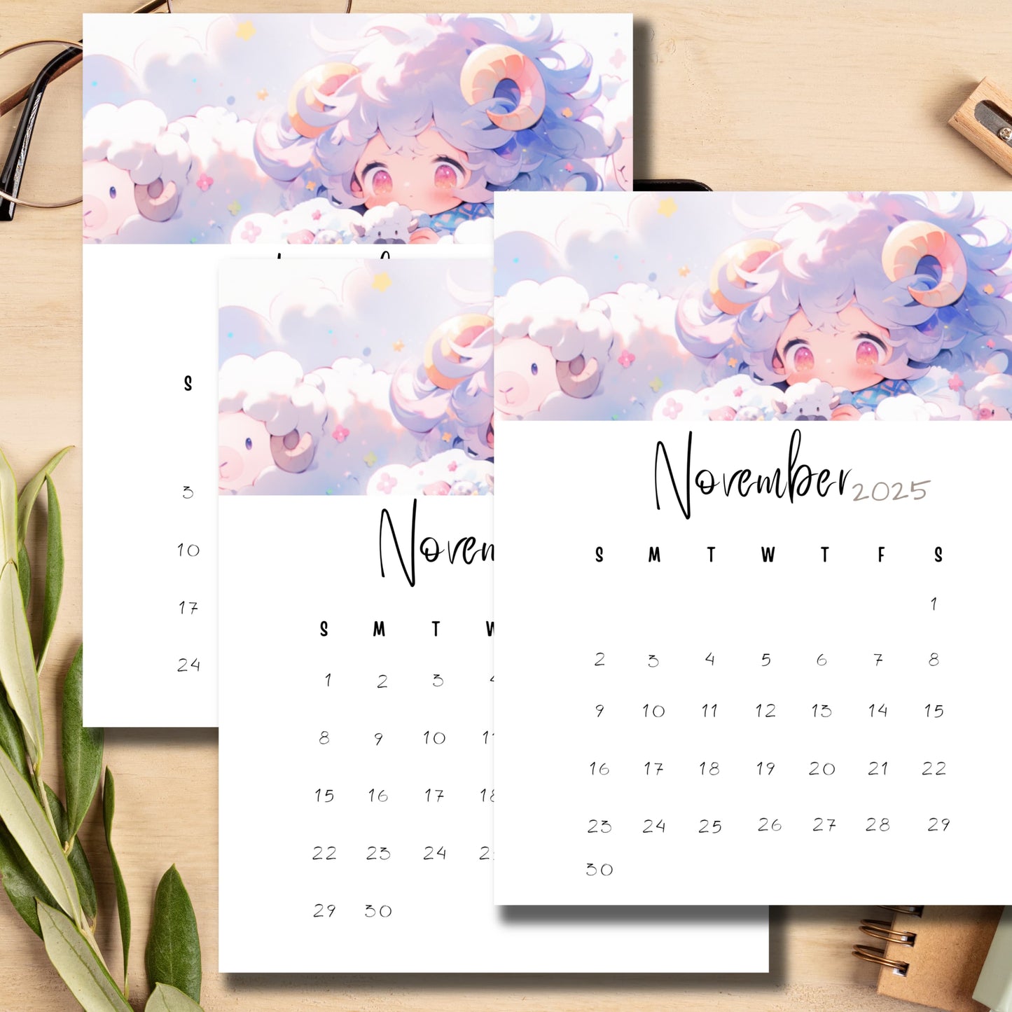 Stacked monthly calendars featuring dreamy character with flowing purple hair, minimalist design, styled with green plants on wooden surface