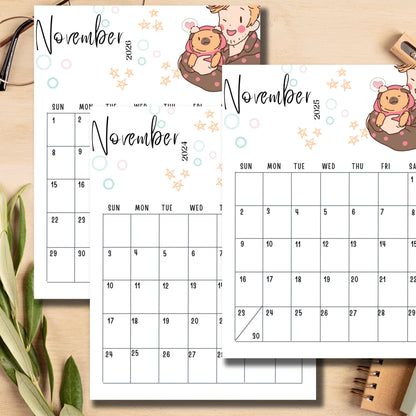 Pink and White Cute Anime Illustrated Modern Free November Monthly Calendar for 2024, 2025 & 2026 Printable - 11 x 8.5-inch A4, PDF | Sunday Start | Vertical Layout for School, Work, Journals