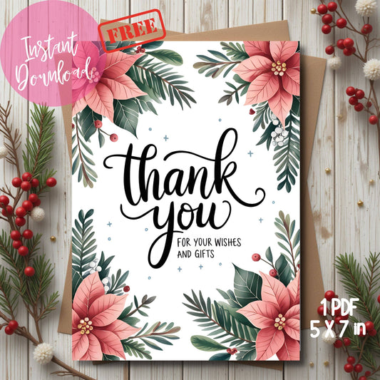 Free 5x7 thank you card with pink poinsettia frame, winter greenery, modern calligraphy on white background, shown with rustic wood backdrop and red berries, instant download