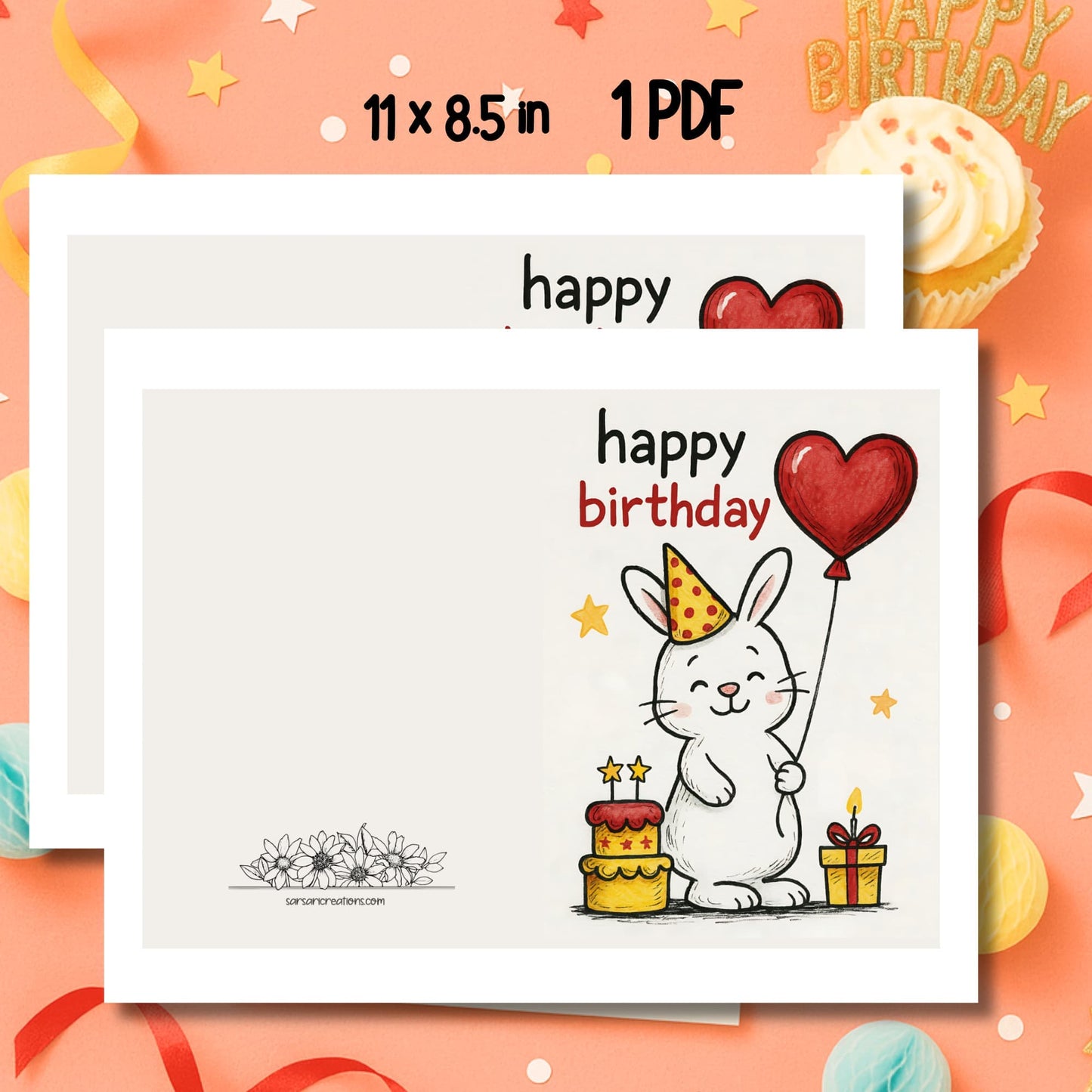 Happy birthday white rabbit card with heart balloon and party hat on coral background with cupcakes