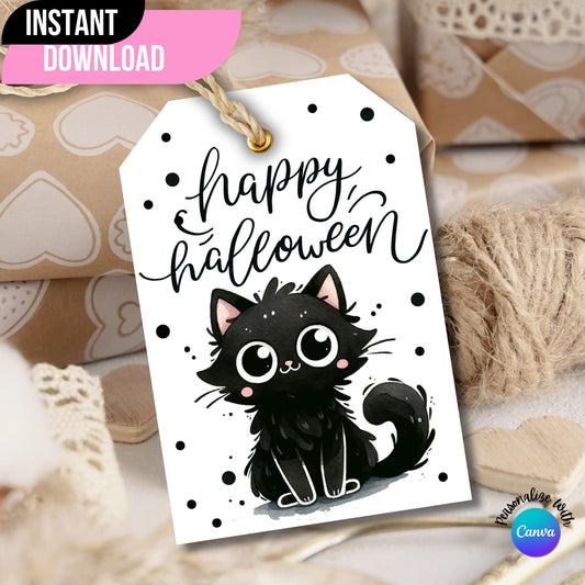 Black and White Halloween printable tag featured on a brown gift box.