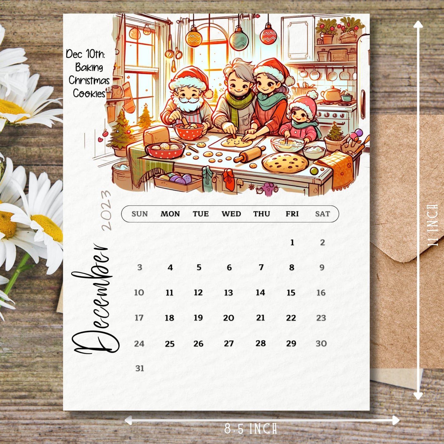 Printed December 2023 calendar displayed on a wooden table with a clear size guide, emphasizing its A4 dimensions.