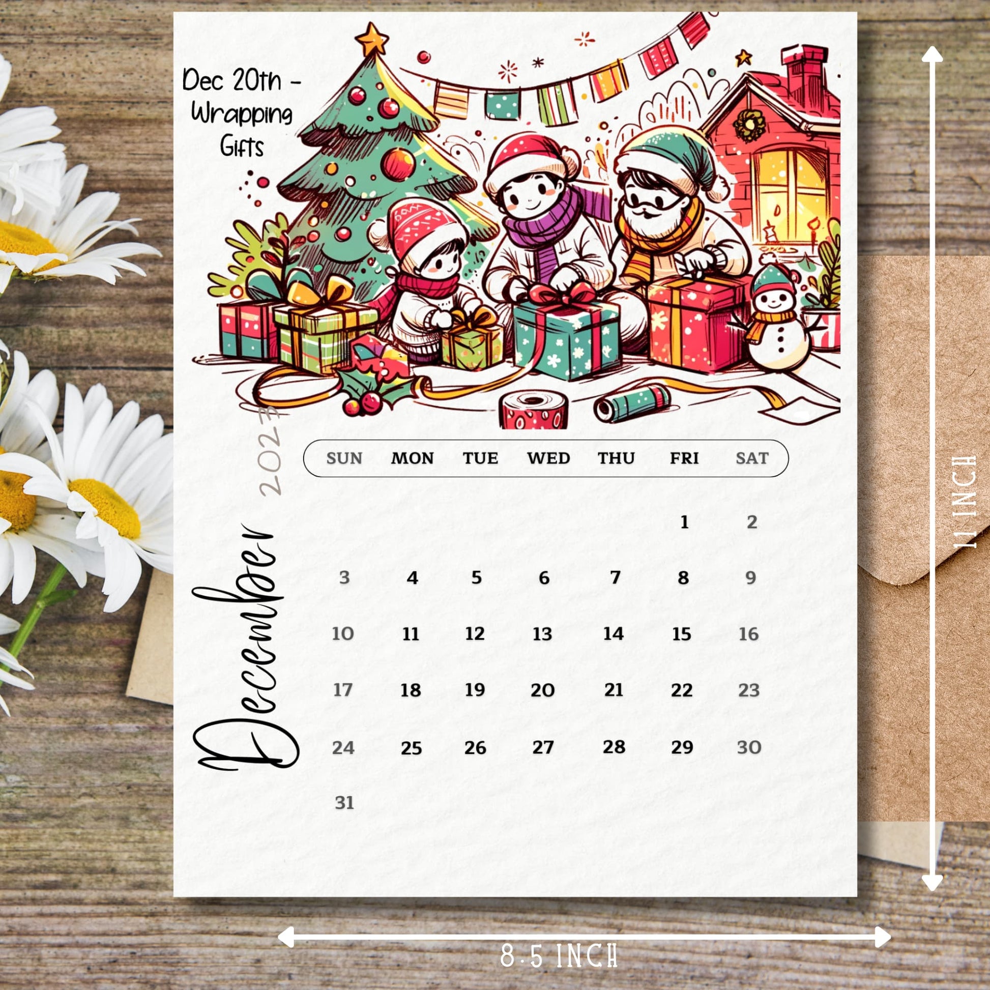 Printed December 2023 Calendar with size guide on a wooden table, showcasing the practical layout and readability