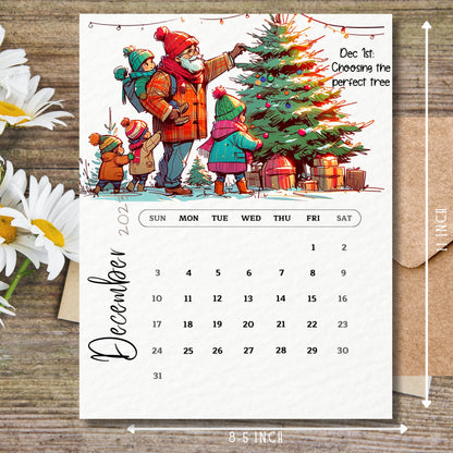 December 2023 Printable Calendar from Sarsari Creations, showcased on a wooden table with a clear size guide for easy reference.