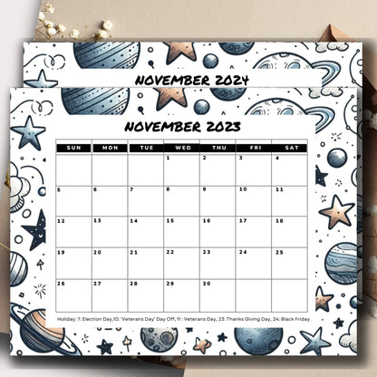 Planets & Stars November 2023 & 2024 calendar sheet accompanied by an envelope and vibrant flowers.