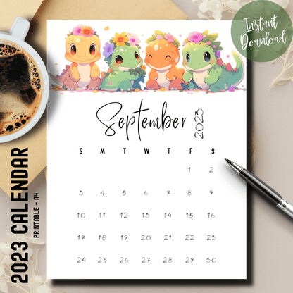 Printable September Calendar 2023 Cute Dino A4 8.5x11 in Size: Engaging Kids' Digital Planner - Instant Download Available in A4 | Download Now