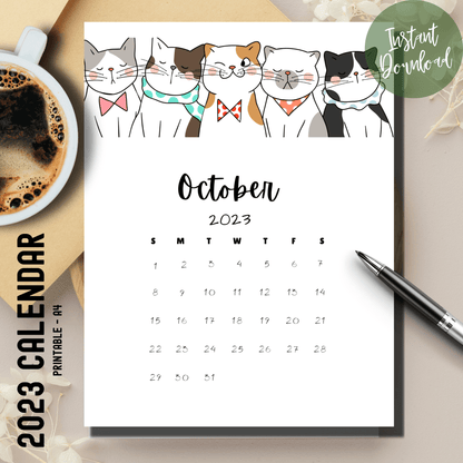 Free October Calendar Ideas 2023 Cat Theme Sunday Start - Monthly Calendar - A4 Size PDF Download