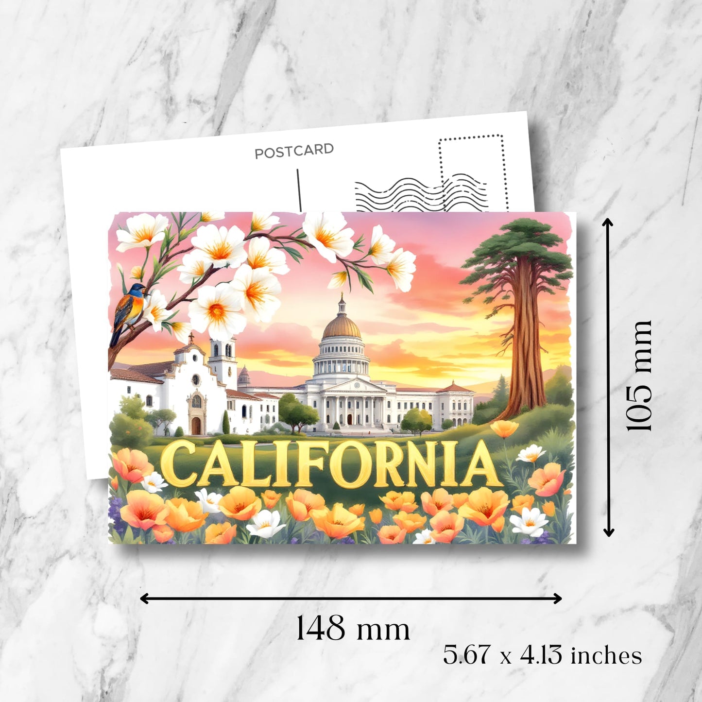 California State Capitol postcard displaying 148x105mm dimensions, featuring mission architecture, sequoia tree, and state flower poppies with bluebird and golden sunset, shown with postcard formatting