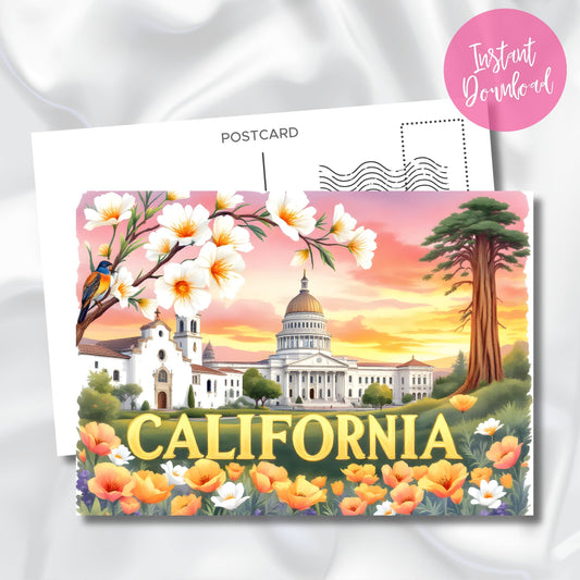 Digital California postcard with State Capitol and Mission Santa Barbara at sunset, decorated with California poppies, cherry blossoms, and redwood tree, featuring instant download badge on silk background