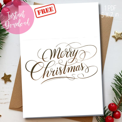 Free printable 5x7 Christmas card featuring elegant brown calligraphy text 'Merry Christmas' on white background, displayed with pine branches and red berries, rustic wood backdrop