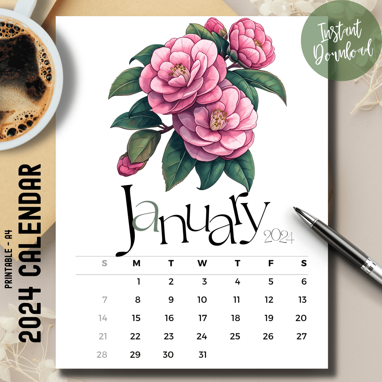 Camellia Elegance January 2024-25 calendar on brown desk with coffee cup and pen.