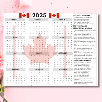 2025 Canadian calendar in horizontal 11x8.5-inch format with maple leaf flags. Features complete 12-month view, national and provincial holidays, pink gradient background. Includes statutory holidays, regional observances, and special dates with province-specific annotations.