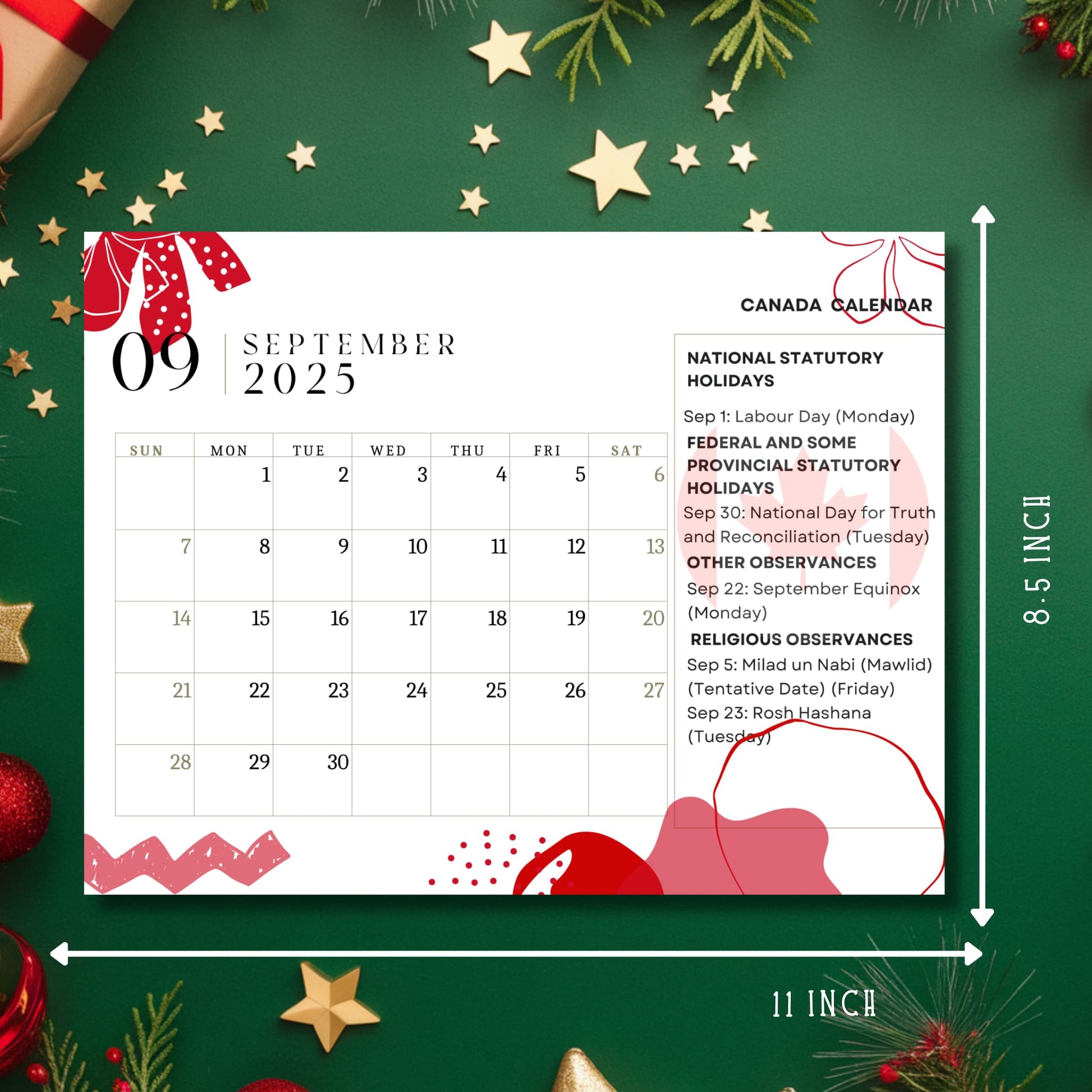 September 2025 Canadian calendar with size dimensions (11x8.5 inches) shown, set against festive green background with gold stars and Christmas ornaments. Includes statutory holidays and religious observances.