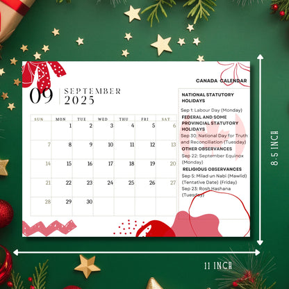 September 2025 Canadian calendar with size dimensions (11x8.5 inches) shown, set against festive green background with gold stars and Christmas ornaments. Includes statutory holidays and religious observances.