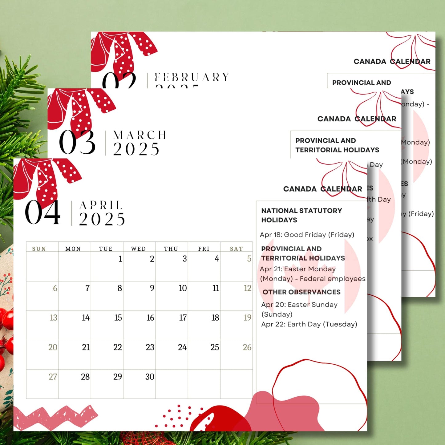 2025 Canadian calendar pages showing February-April with red floral design, national holidays listed, and Sunday start grid layout. White background with decorative red bow motif.