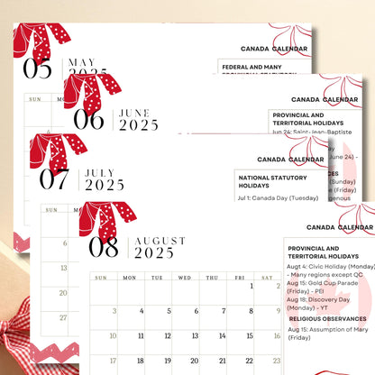 025 Canadian calendar displaying May-August months, featuring provincial and national holidays, red polka dot pattern, and maple leaf accents. Clean grid design with holiday listings.