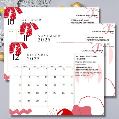 2025 Canadian calendar featuring October-December months with silver snowflake backdrop, gold ornaments, and complete holiday listings including Christmas and Boxing Day. Modern minimalist design.